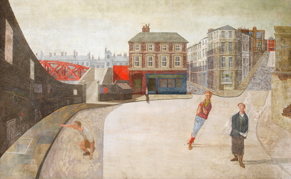 Artist Reginald Brill: Boys playing cricket in an urban setting